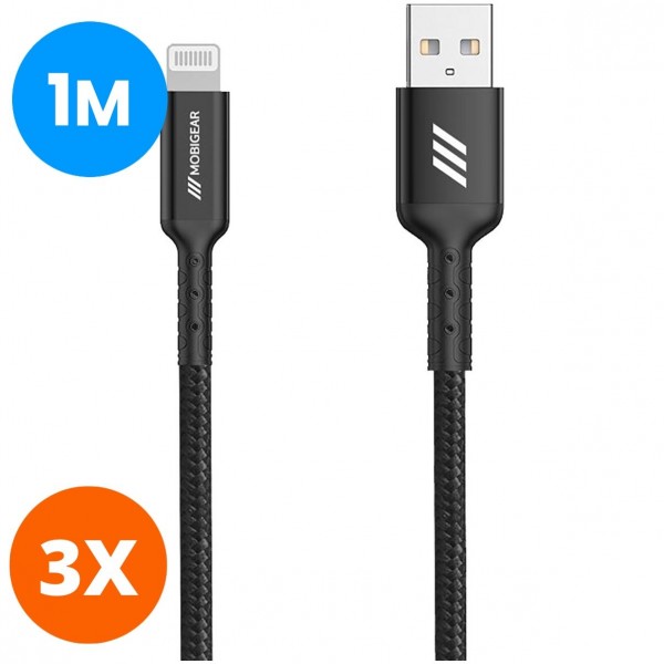 Mobigear Nylon - Cavo USB-A / Apple Lightning MFI 1 metro - Nero Confezione da 3